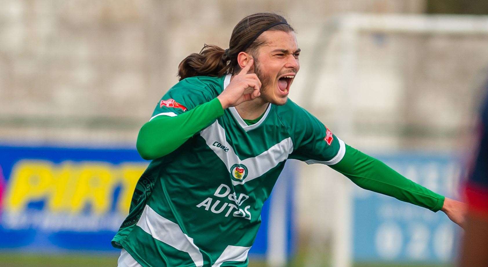George Nikaj celebrates scoring his goal in Ashford's 4-1 weekend defeat to Chatham. Picture: Ian Scammell