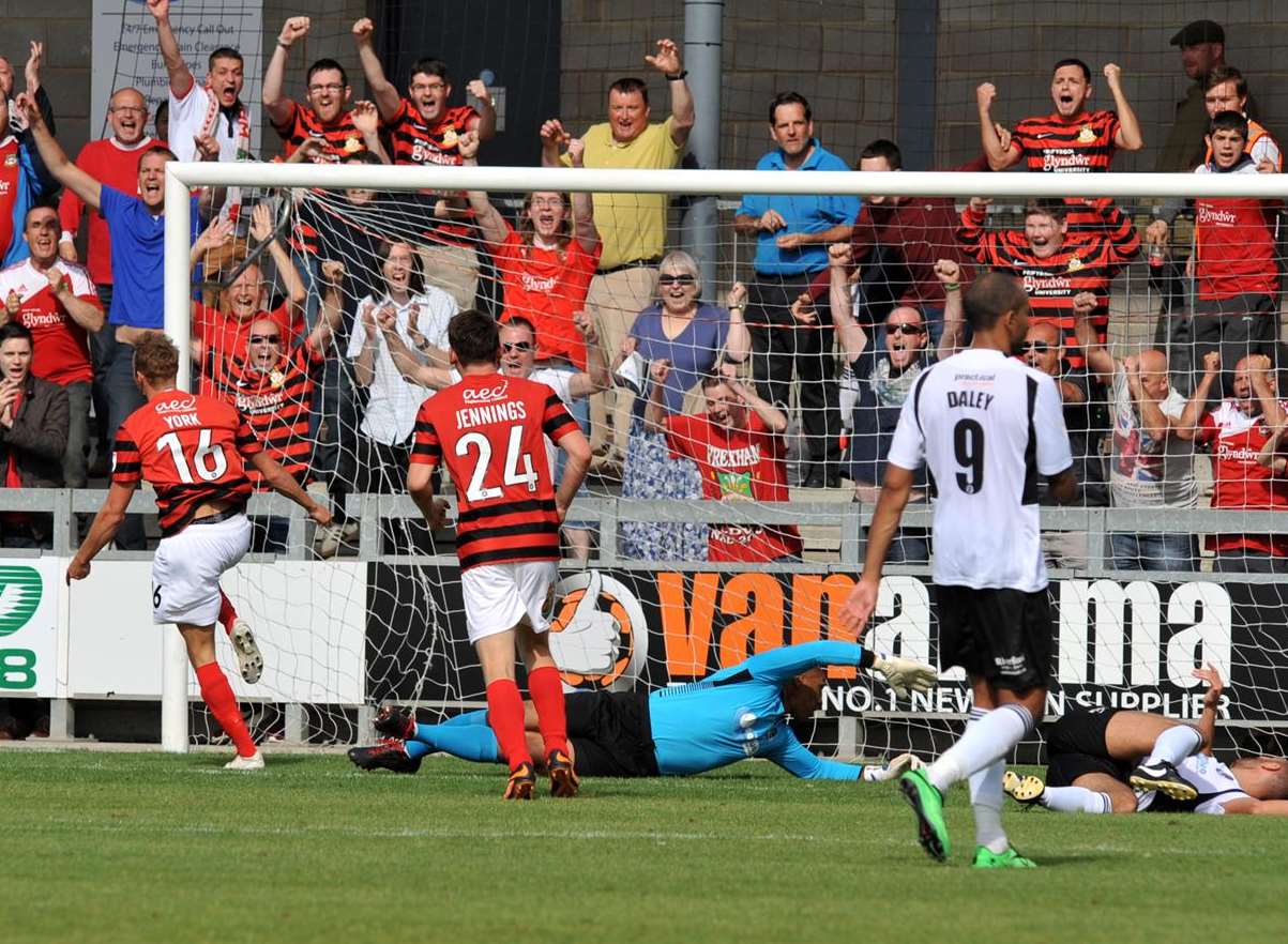 Wes York (16) has just scored the winning goal for Wrexham Picture: Richard Eaton