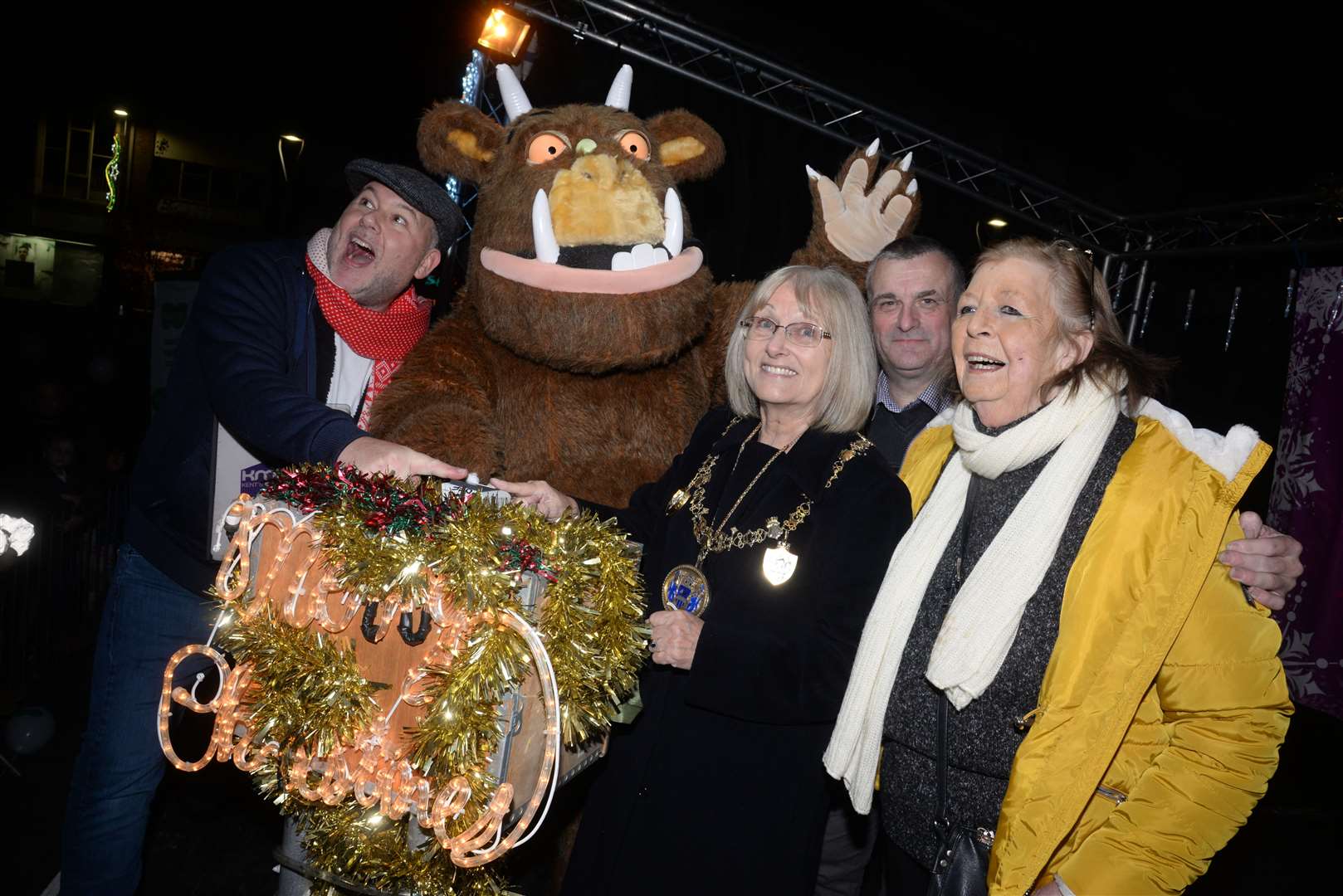 kmfm's Garry Wilson, The Gruffalo, Mayor of Medway Cllr Jan Aldous with Cllrs Richard Thorne and Jane Chitty switch on the Christmas lights in Strood. Picture: Chris Davey