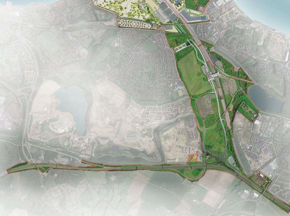 A map of the London Resort boundaries including the A2 which has been earmarked for further improvement works and an access road for the resort. Photo: London Resort Illustrative Masterplan