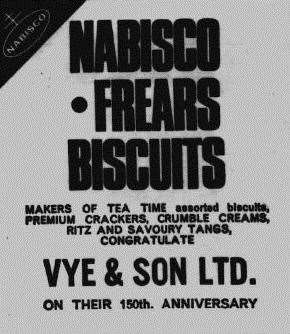 An advert from Nabisco congratulating Vye's on their 150th anniversary in 1967