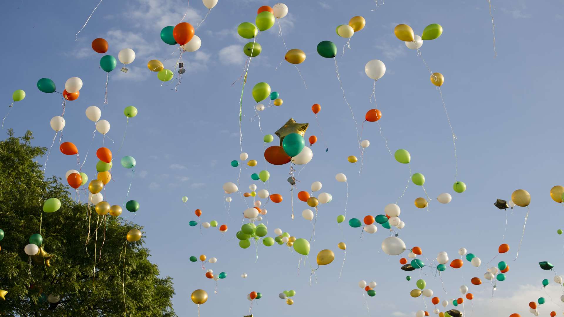 Green, white and gold balloons were released into the air