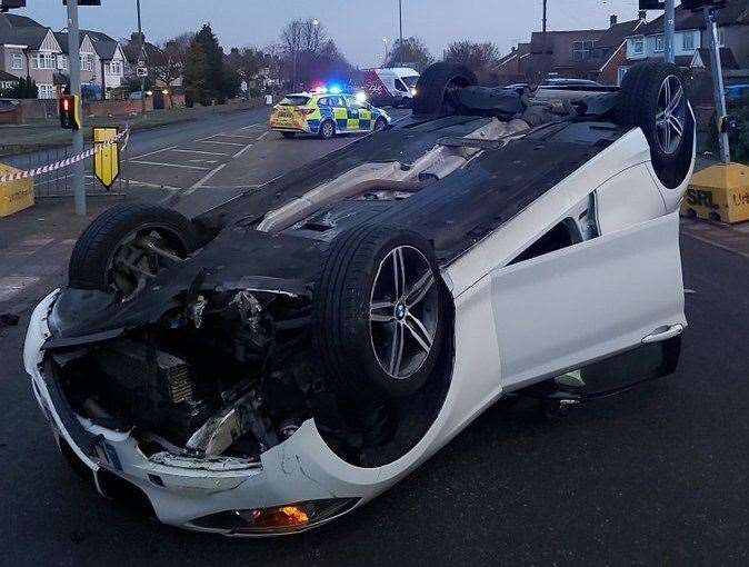 A car overturned after driving into a traffic light pole on Princes Road, Dartford