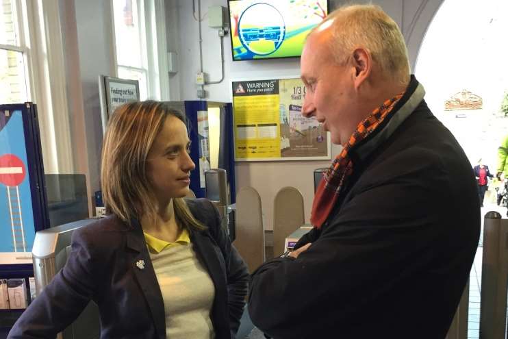 Helen Whately with Southeastern trains CEO David Statham at Faversham train station.