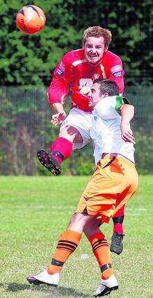 Action from the football friendly between Lordswood (white) and Folkestone Invicta