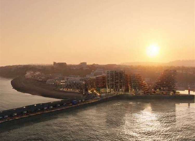 Image showing the proposed masterplan for Folkestone’s seafront development – stretching from the already-built Shoreline Crescent flats on the left, to the tower blocks on the harbour arm car park on the right