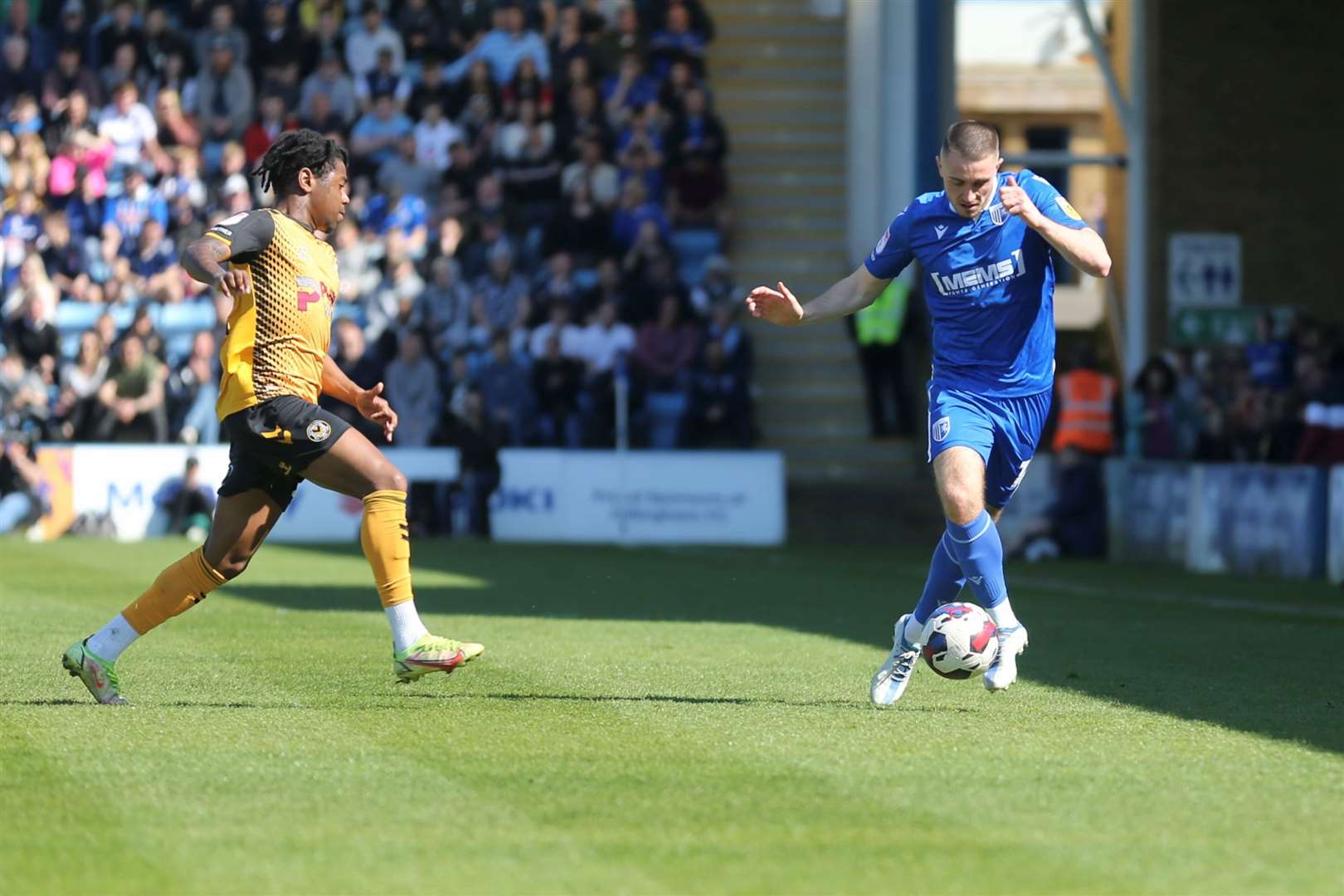 Gillingham’s Dom Jefferies on the attack against Newport at Priestfield
