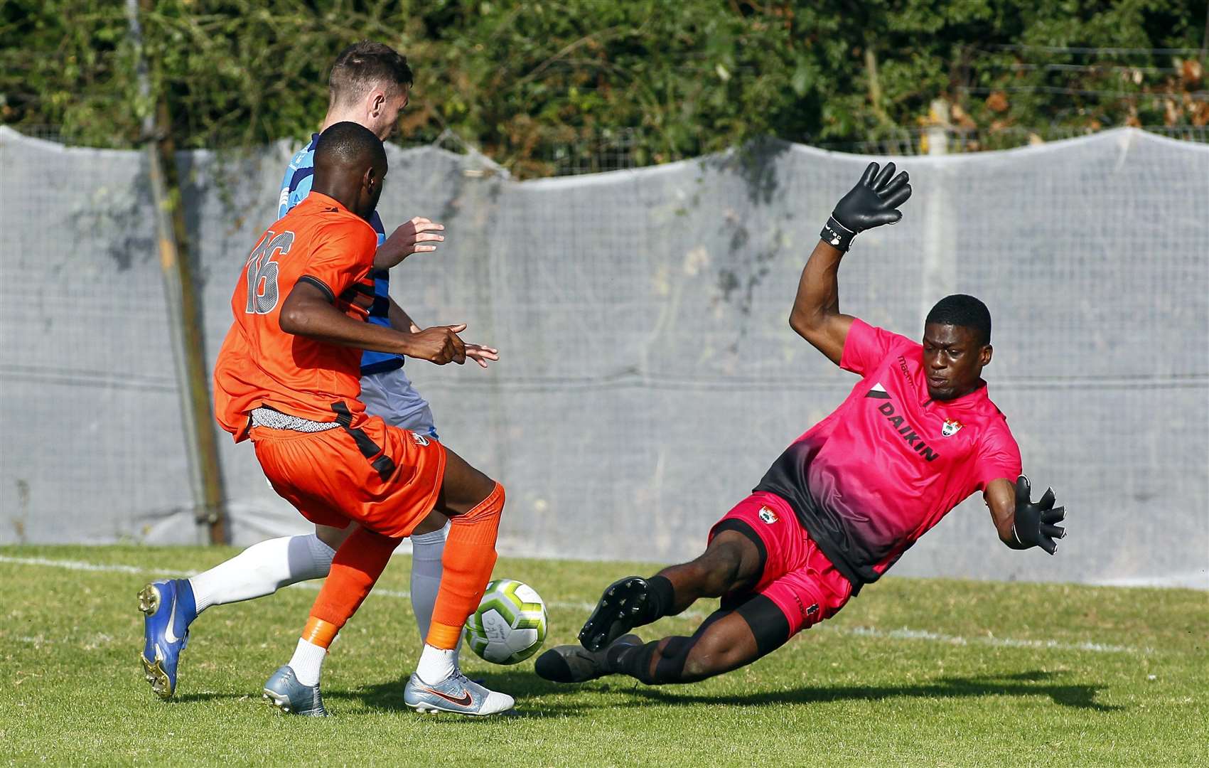 Rilwan Anibaba playing in goal for Lordswood against Sheppey United earlier this season Picture: Sean Aidan