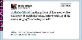 Abbey Jordan's tweet to Alesha Dixon