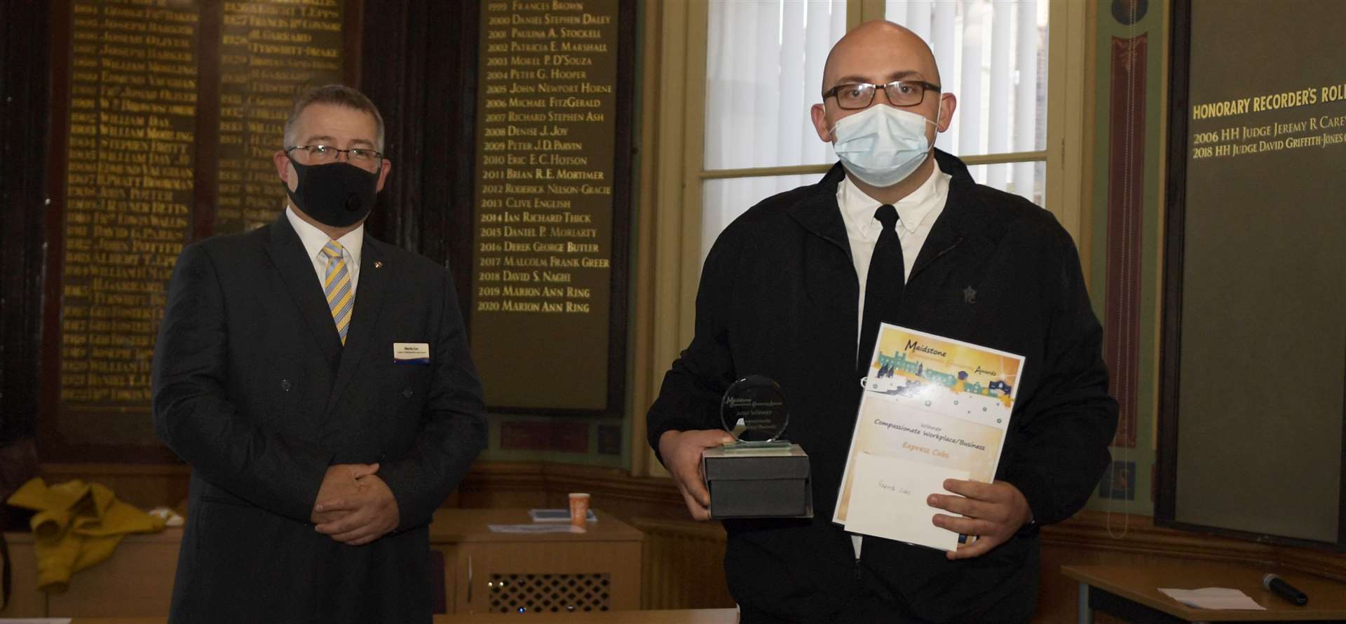 Cllr Martin Cox presented the award for the Compassionate Business/Workplace to Jason Brown from Express Cabs.