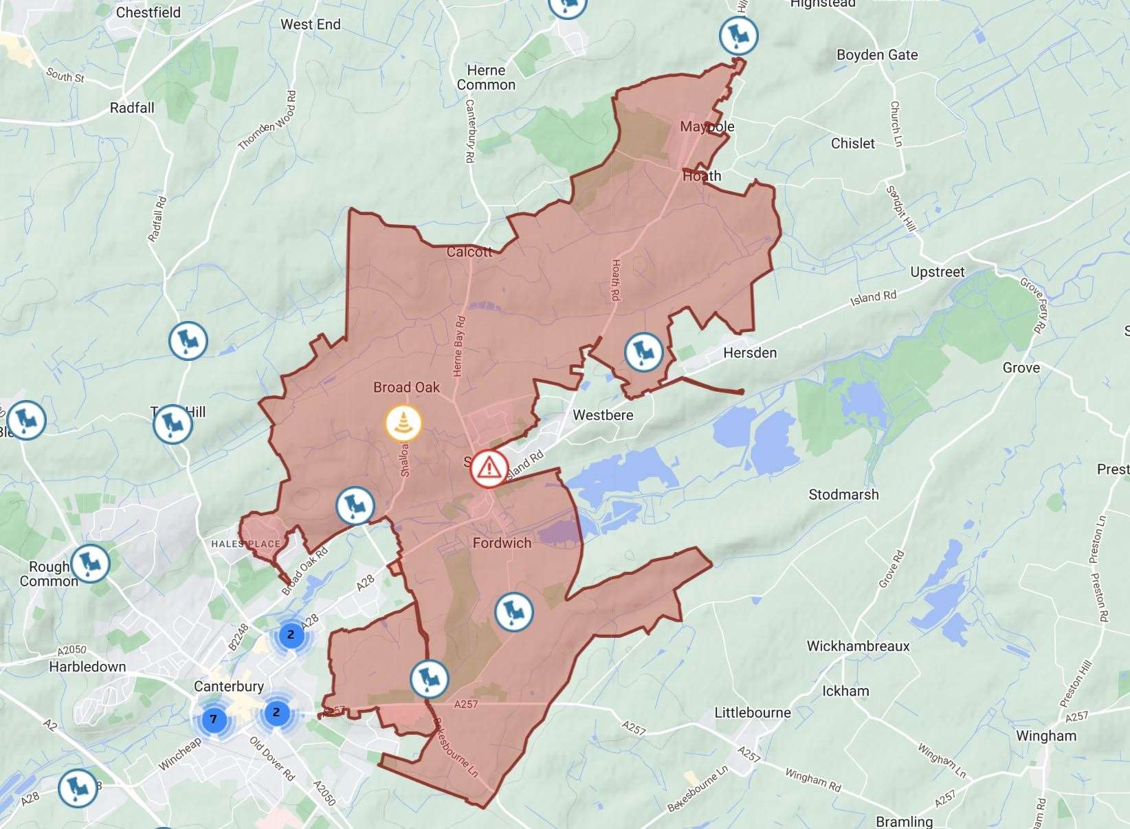 The map showing the areas affected by the burst main in Canterbury
