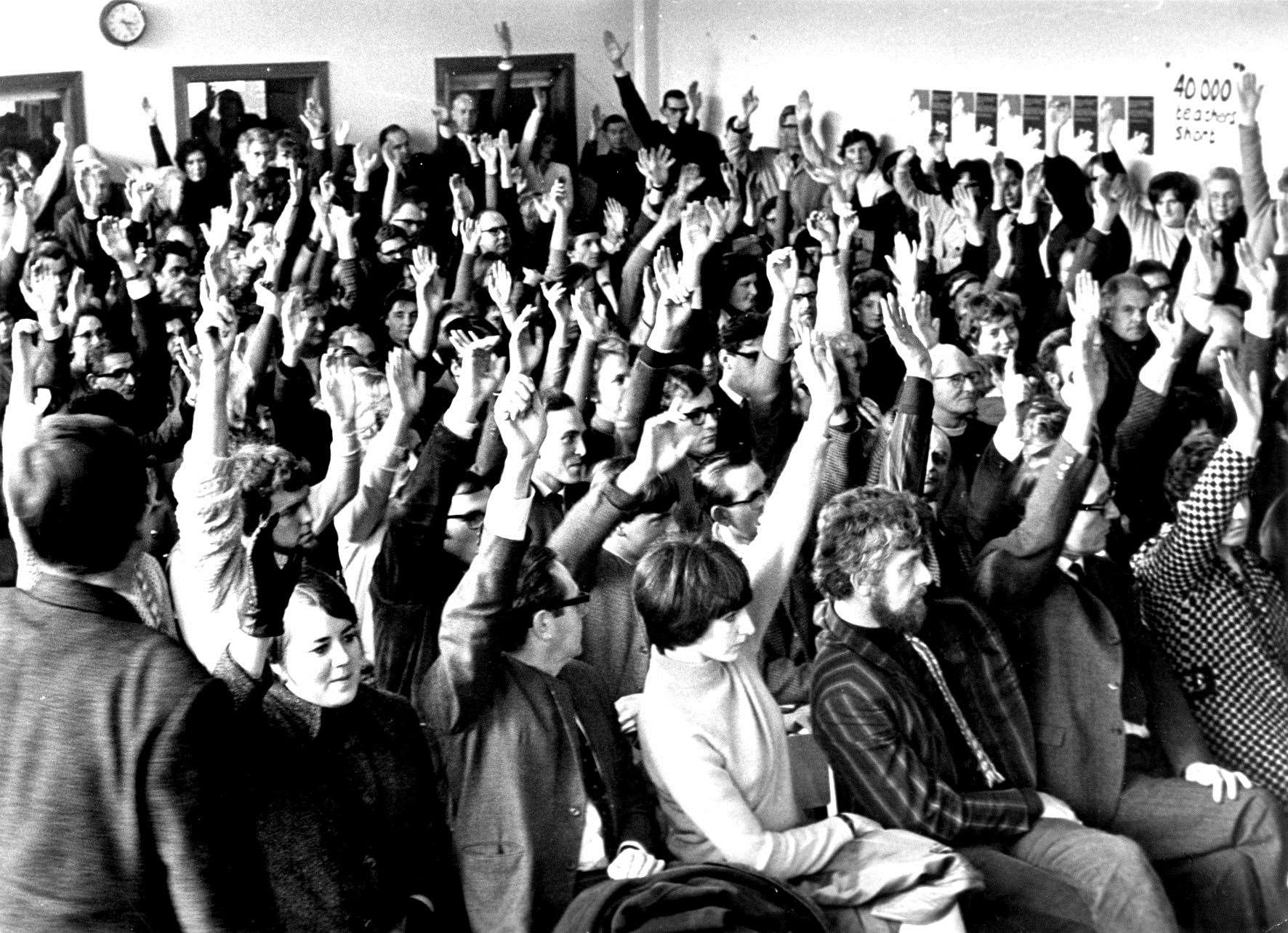 Teachers vote to strike during a meeting of Gillingham branch of the National Union of Teachers at their centre in Gardiner Street in 1969