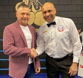 Johnny Armour (left) and Ian John Lewis (right), a current boxing ref from Gillingham, at the official opening of Armour Plated Boxing. Picture: Alisson Garrett
