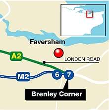 The accident happened about half a mile before the Brenley Corner roundabout on the A2 London Road in Faversham. Graphic: Ashley Austen