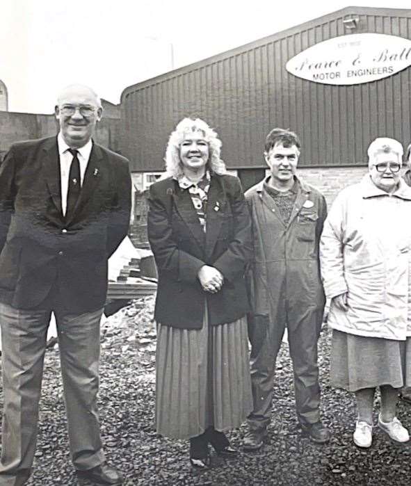 Ray Wiles, Linda Plumb, Dennis Plumb and Greta Wiles outside the new Pearce and Batt workshop in 1992