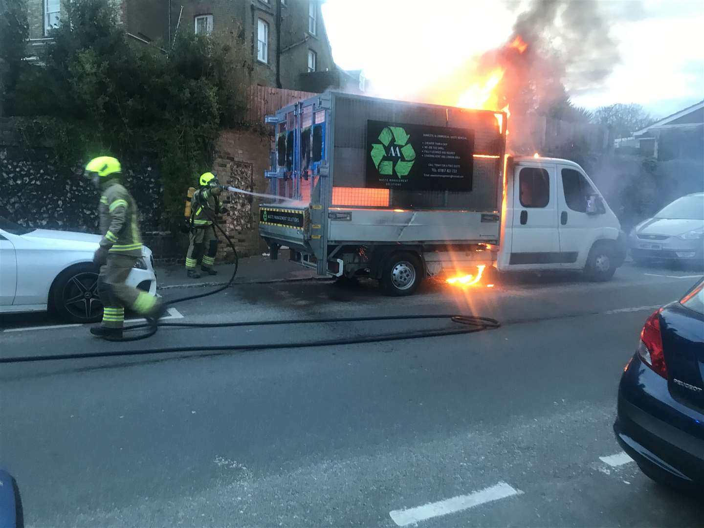 The waste management van is currently on fire in Roebuck Road, Rochester