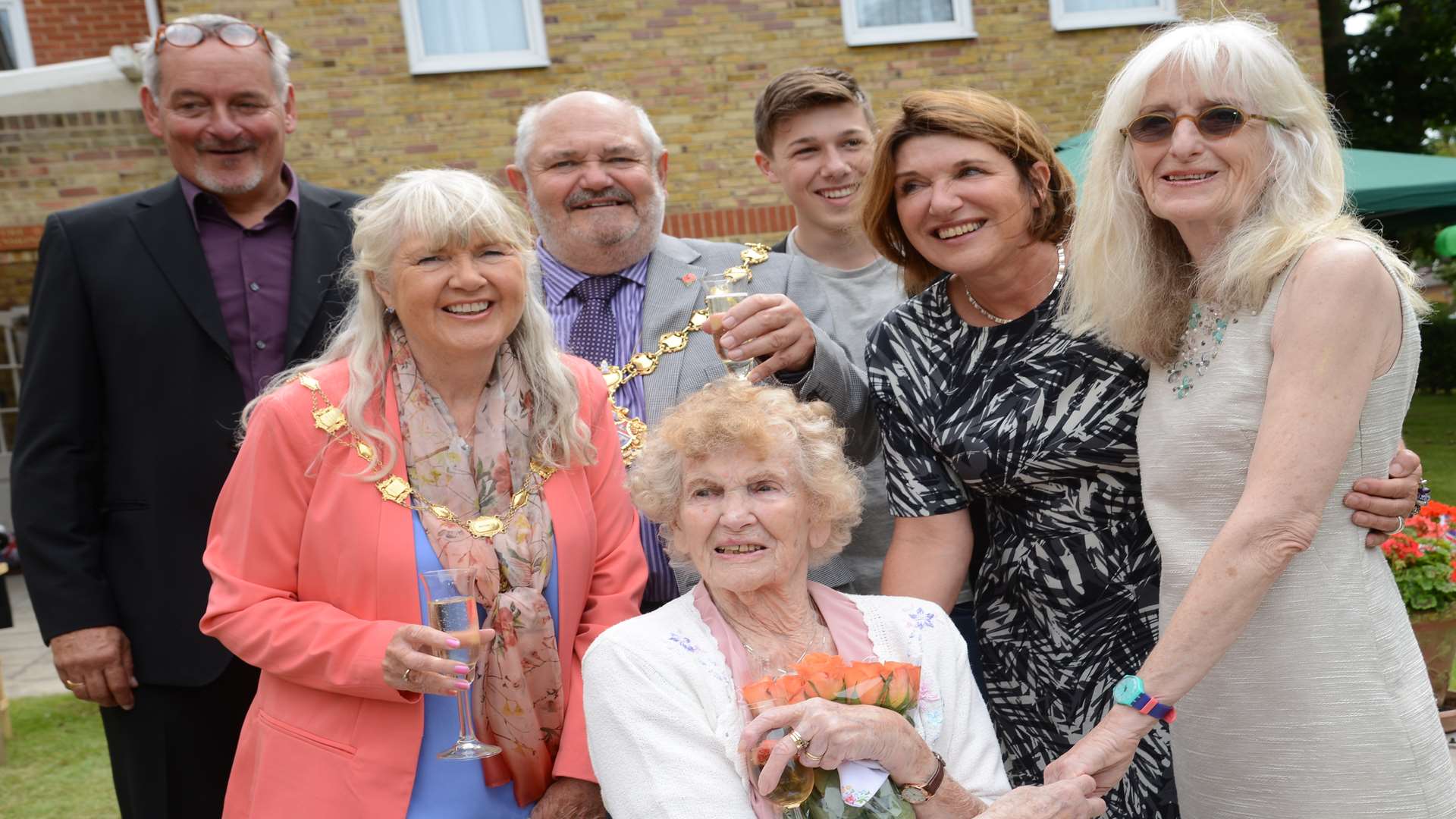 Marjorie Beton celebrating with Mayor and Mayoress of Brodstairs Cllr Peter Shaw and Francis Shaw, daughter Jenni Jennings and granddaughter Samantha Sancto and her family