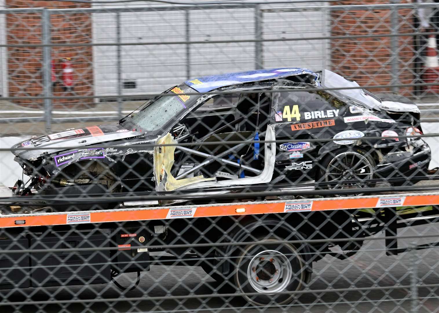 Birley had won the first Classic and Modern Motorsport Club's Super Saloons race on Saturday but was involved in a big accident during race two on Sunday. Picture: Simon Hildrew