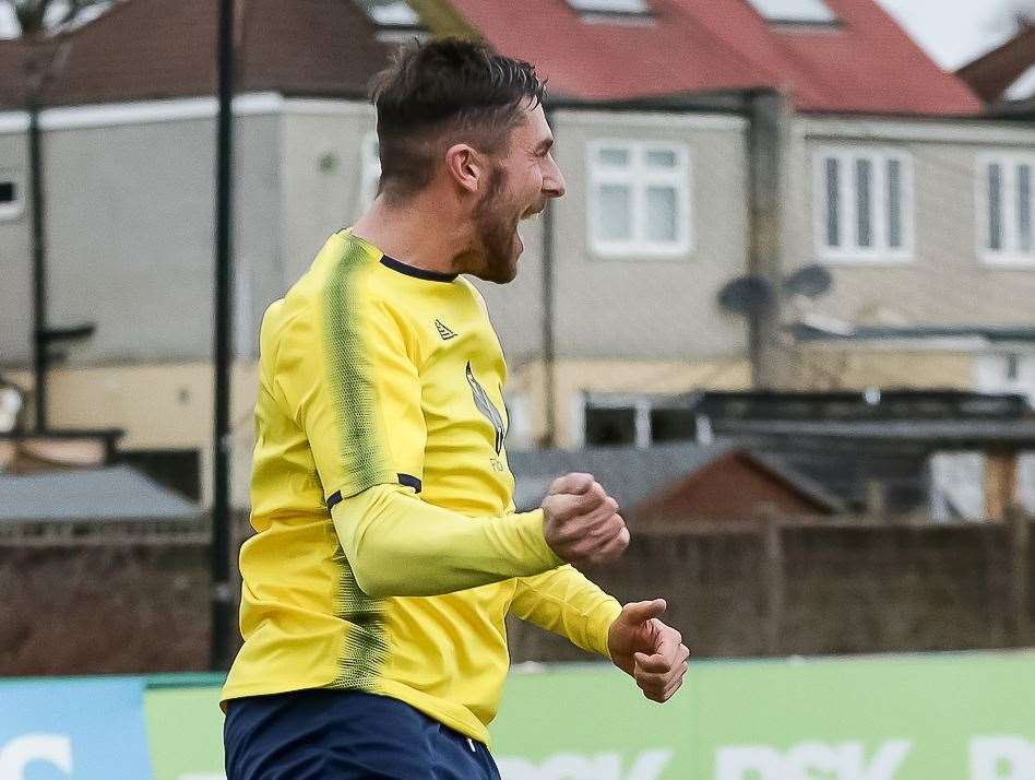 Reece Gillies celebrates scoring for Whitstable last month. Picture: Les Biggs