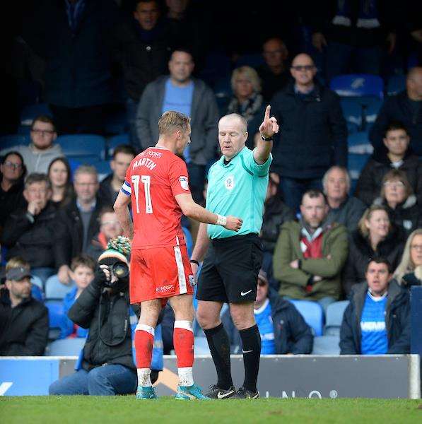 Gillingham's former captain Lee Martin is sent off by referee Graham Salisbury against Southend Picture: Ady Kerry