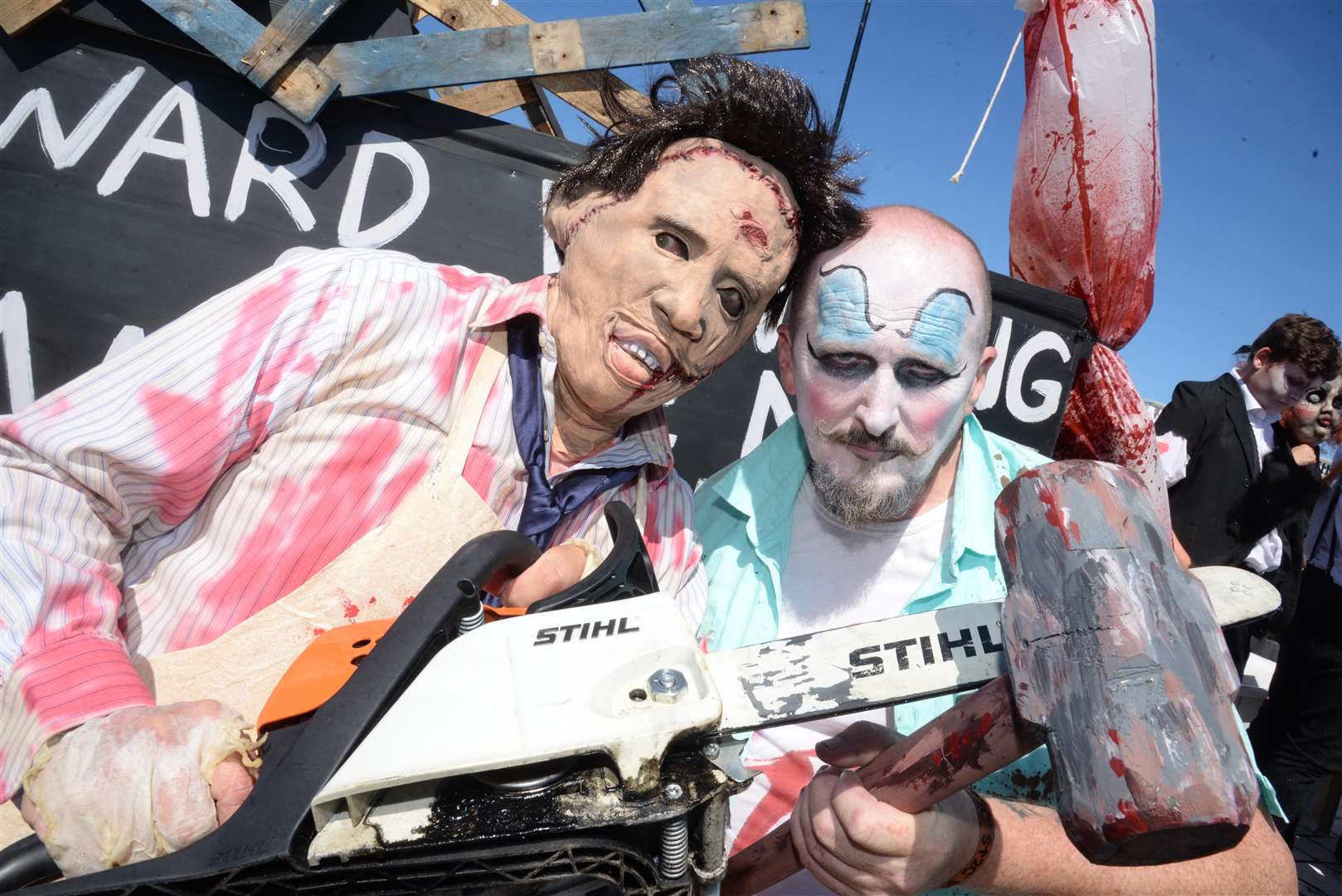 Richard Court and Colin Bone on the Mad House float in the Margate Carnival on Sunday. Picture: Chris Davey. (3437115)