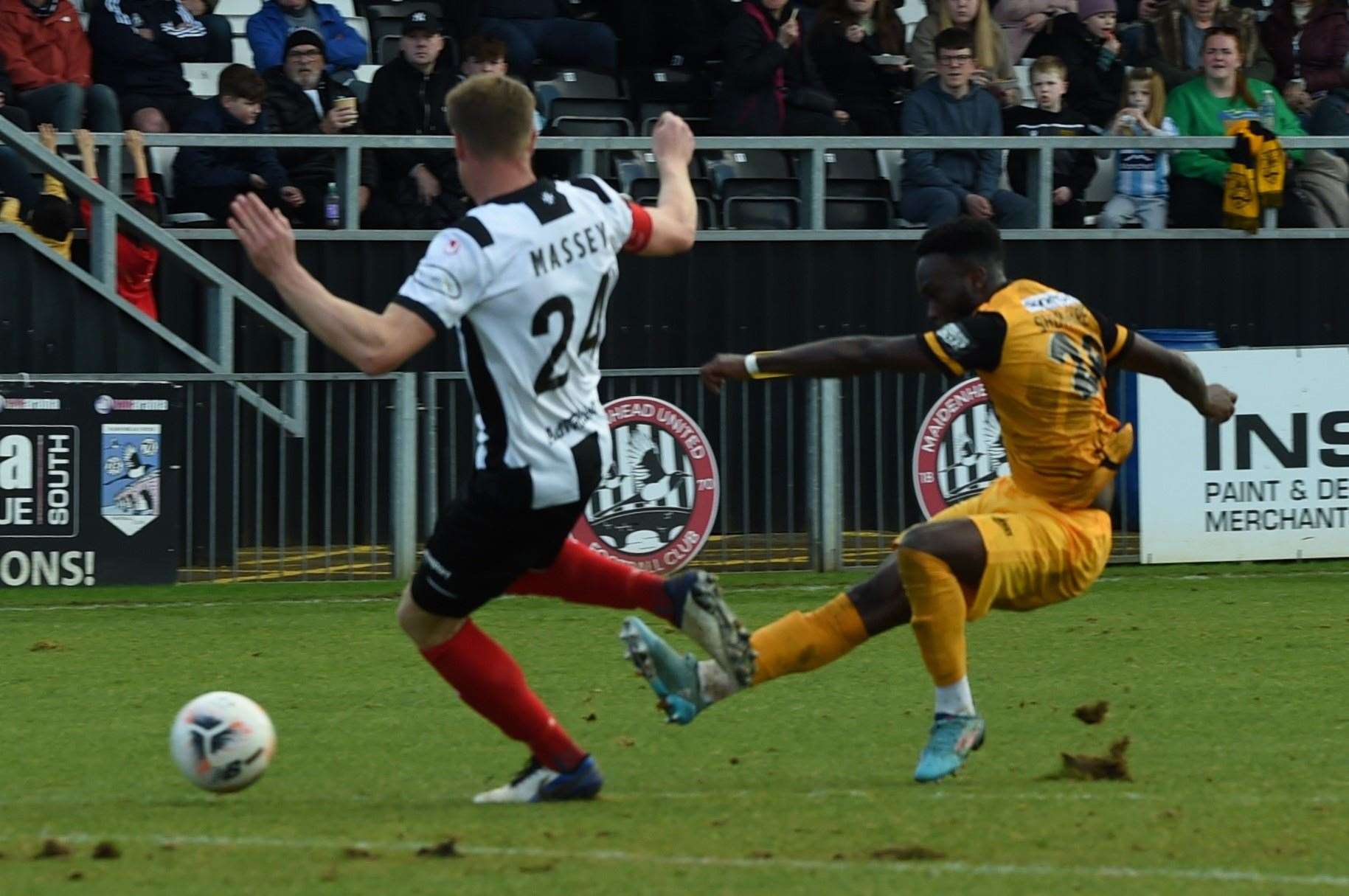 Josh Shonibare goes for goal at Maidenhead last weekend. Picture: Steve Terrell