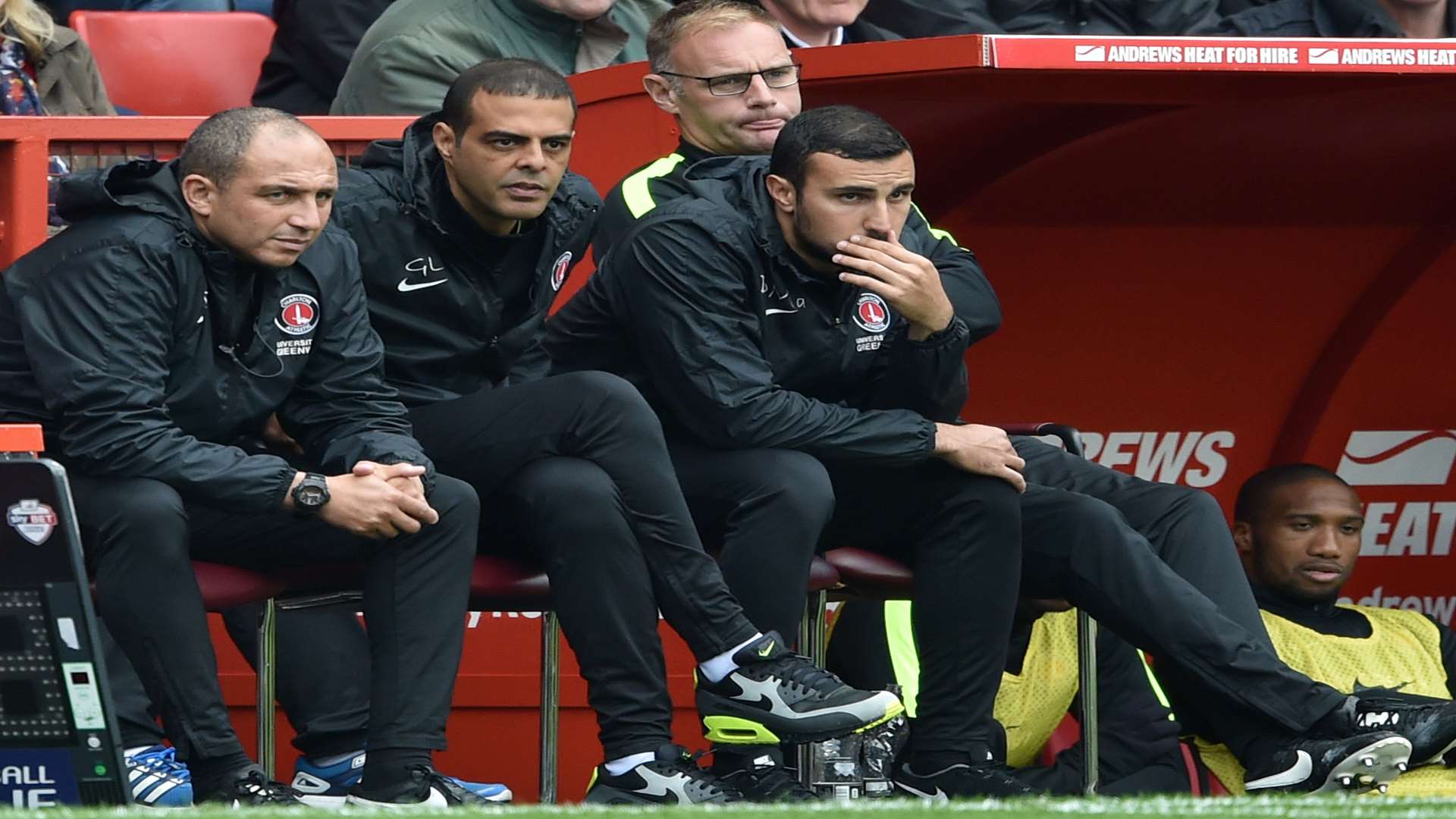 Guy Luzon and his backroom team watch on as Charlton went down 3-0 to Brentford. Picture: Keith Gillard