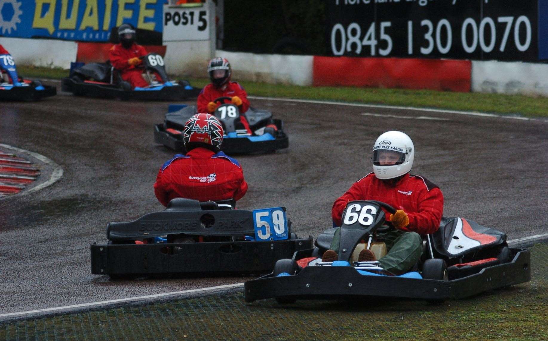 Buckmore's huge fleet of corporate karts used slick tyres in all conditions, making wet races a real challenge. Picture: Jim Rantell