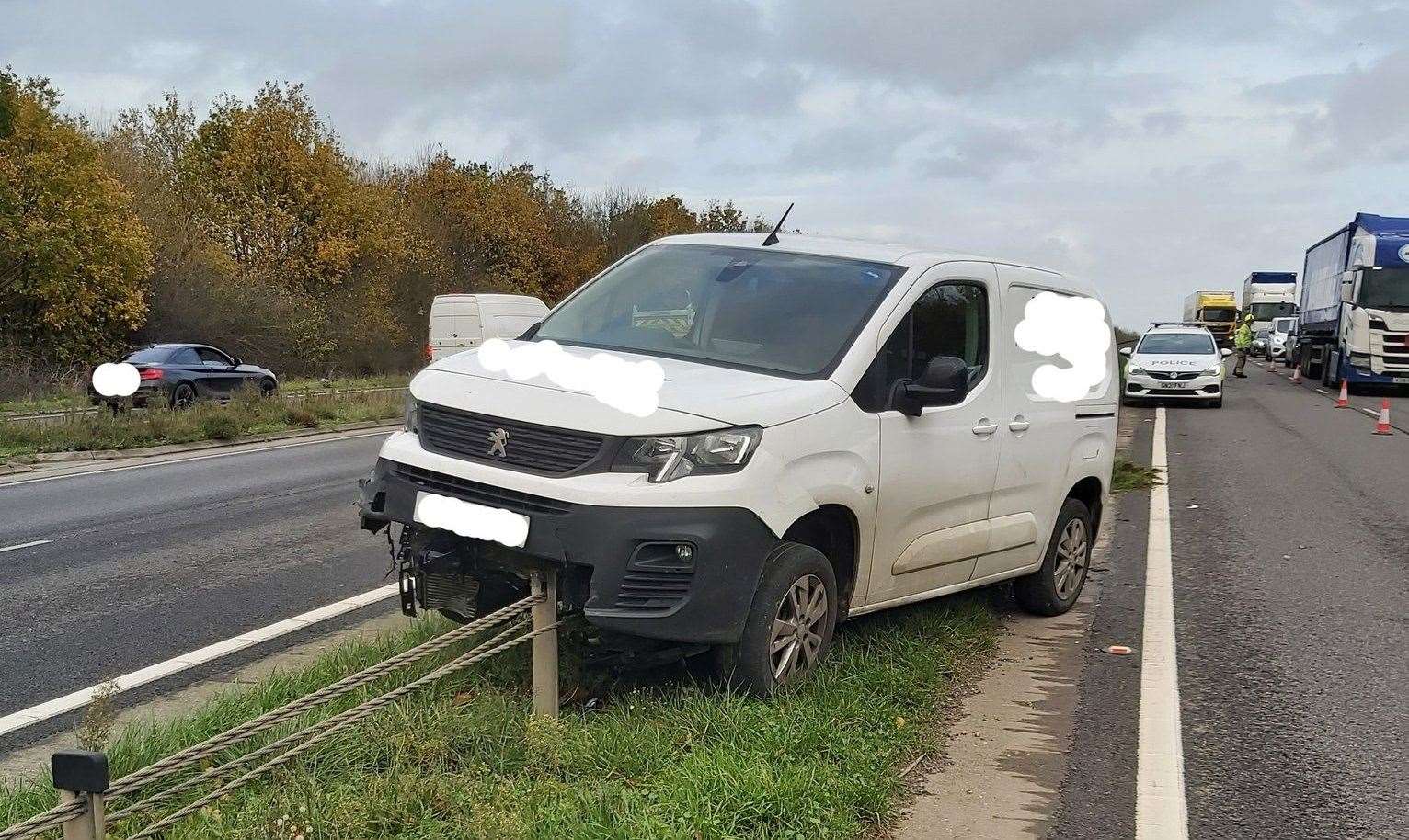 Van impaled on the central reservation crash barrier on the A249 at Bobbing. Picture: Kent Police/Twitter