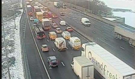 Traffic delays on the M25 after a car overturned near Romford. Picture: National Highways