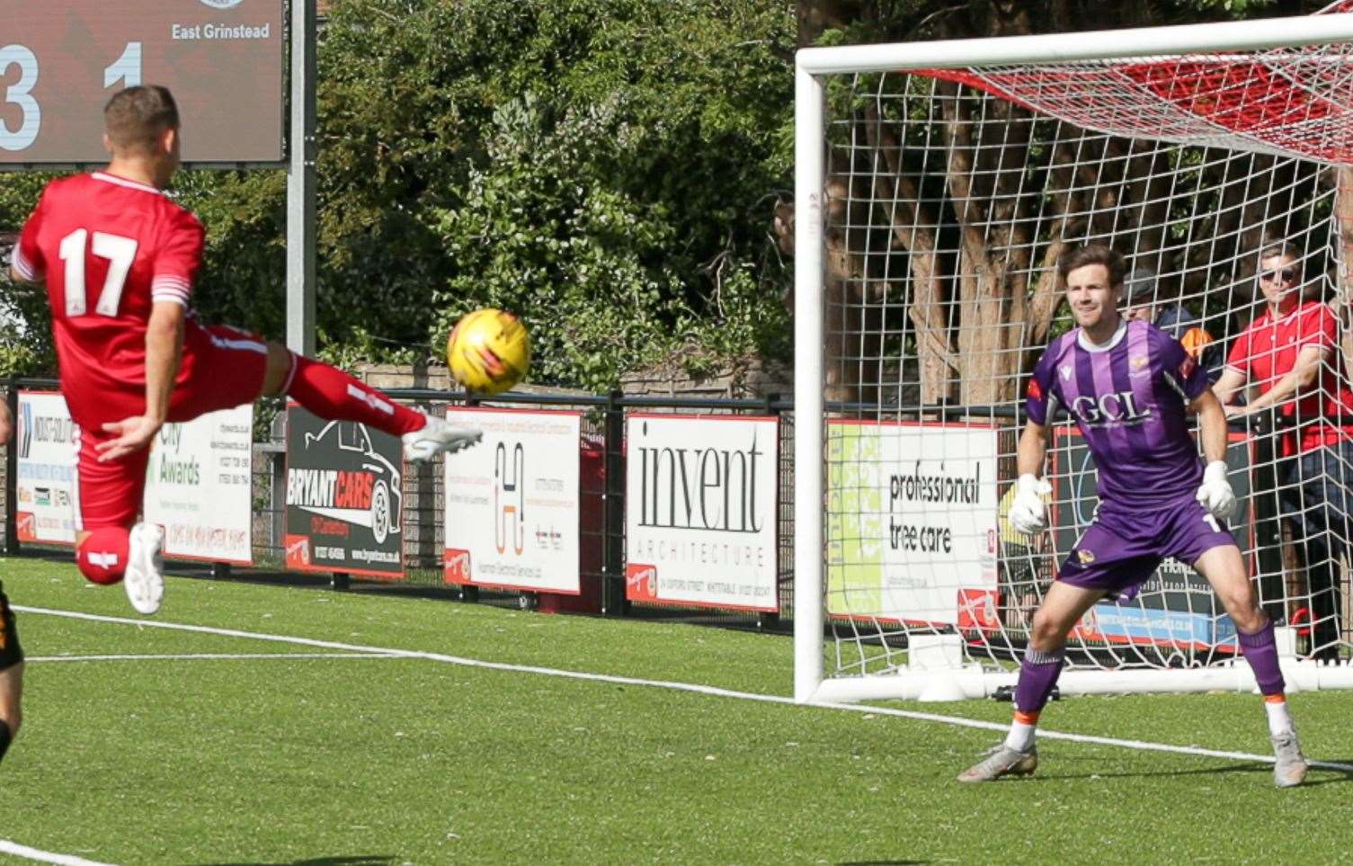 Josh Oliver scores for Whitstable with an outstanding volley. Picture: Les Biggs
