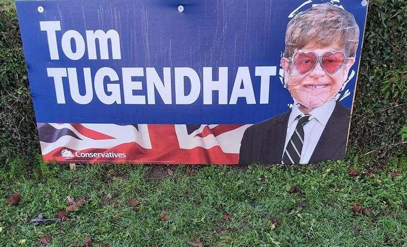 Elton John's face has replaced Tom Tugendhat on his election campaign sign