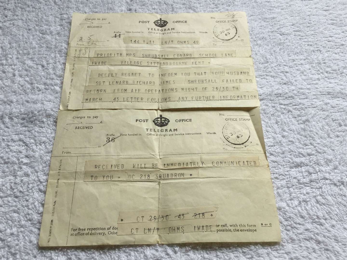 The telegram sent to Sgt Leonard Shrubsall's family after the Short Stirling Bomber plane was lost in 1943