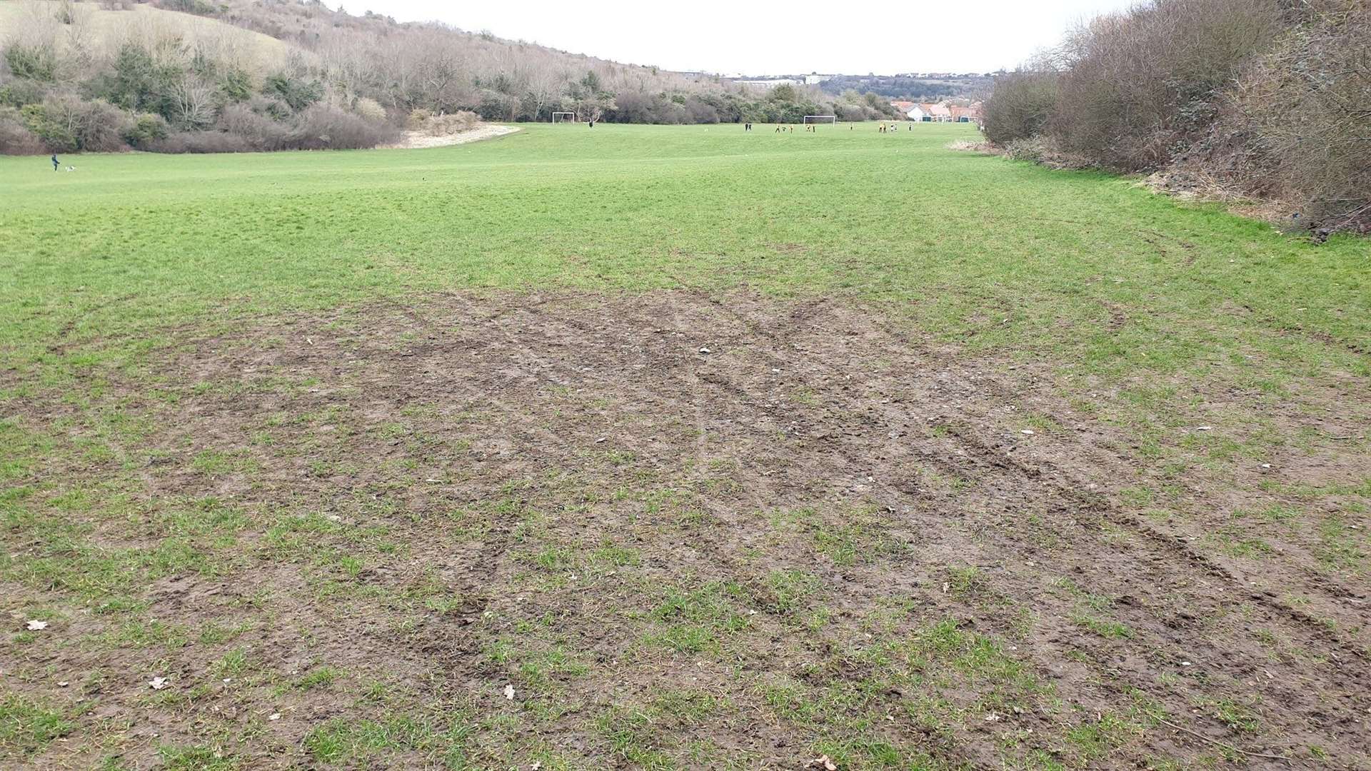 Residents say bikers are regularly churning up land at Barnfield Recreation Ground in Chatham. Images: @BarnfieldBikes