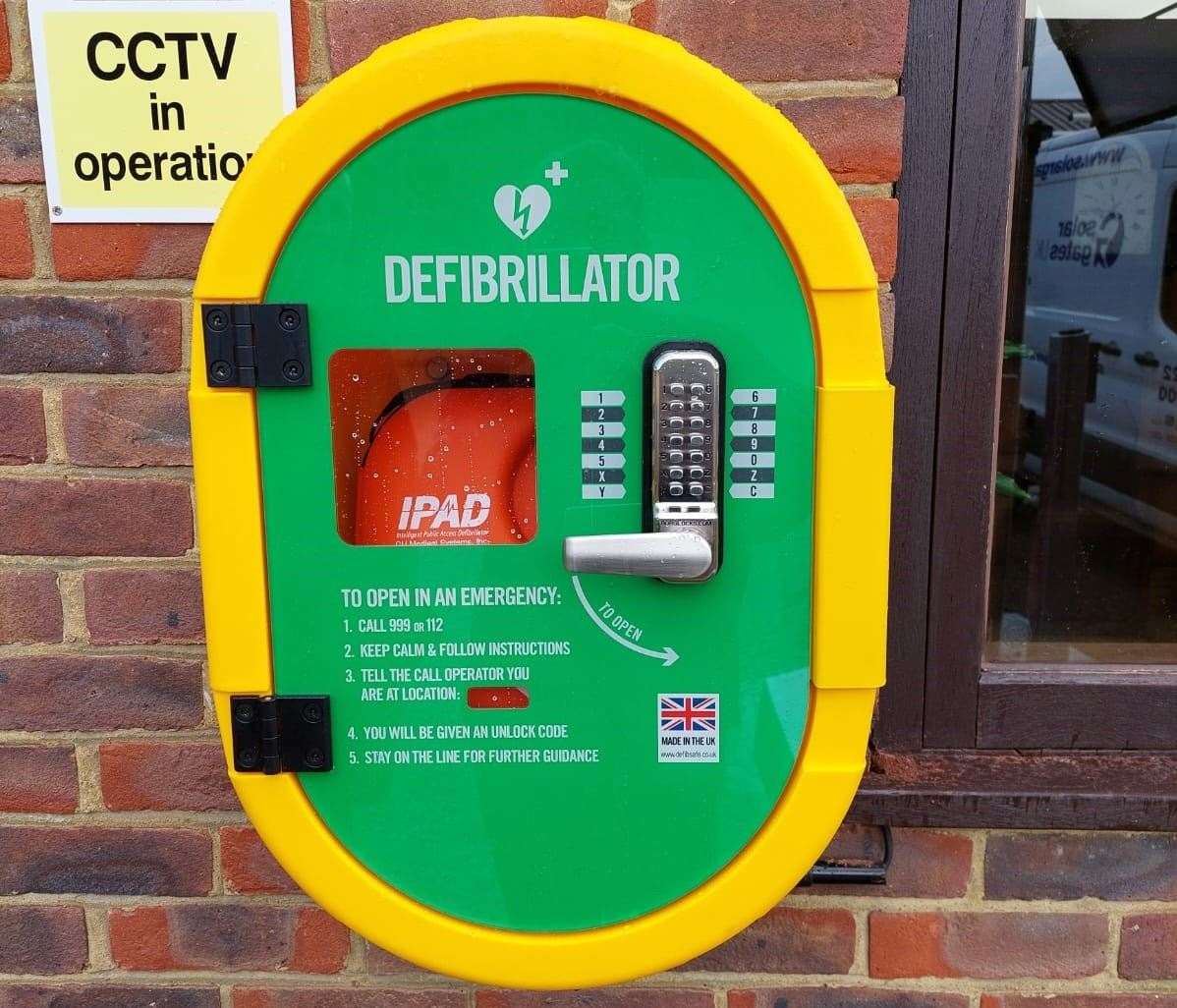 A defibrillator outside the Solar Gates building