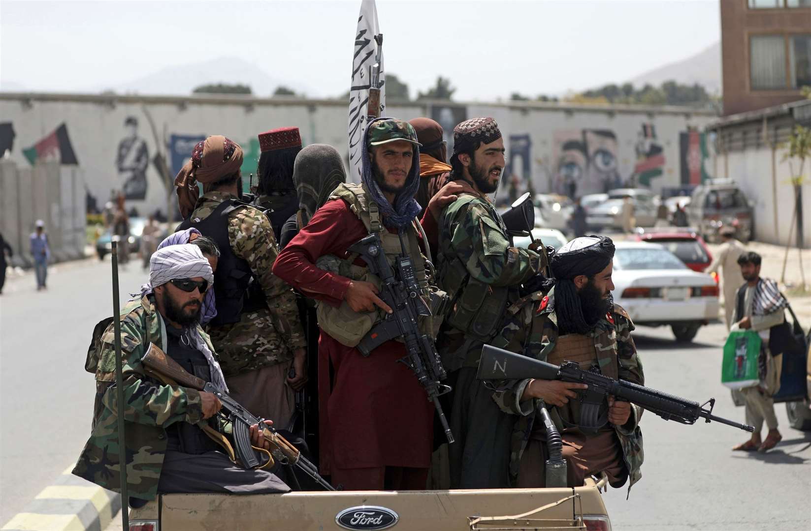 Taliban fighters patrol in Kabul, Afghanistan. Picture: Rahmat Gul/AP