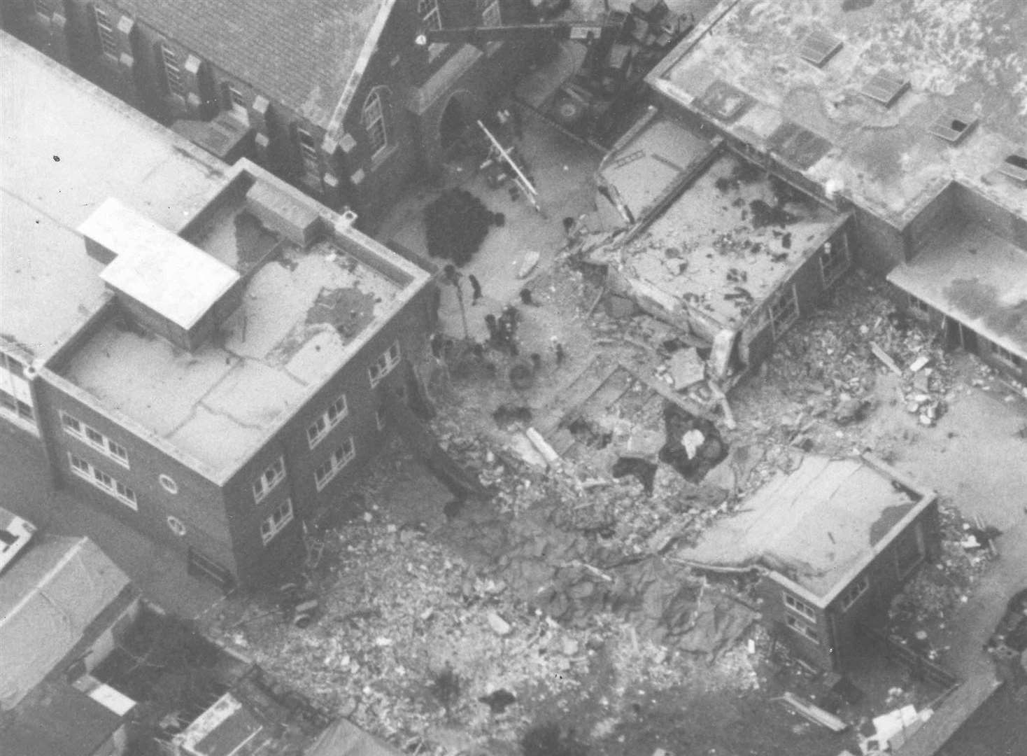 The Music School building destroyed by the bomb blast