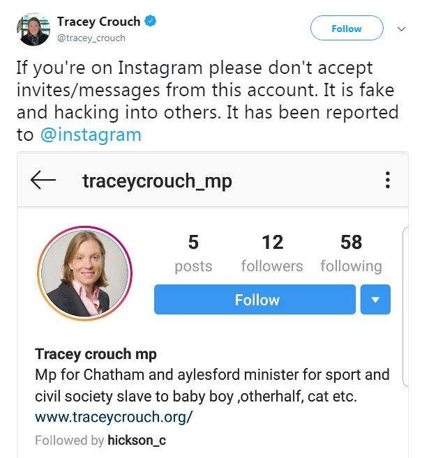 Tracey Crouch tweeted to warn social media users about the fake instagram account (3207158)