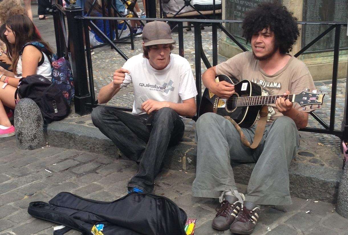 Beatboxer Dan Harding and guitarist Josh Pardell busking in the Buttermarket in Canterbury