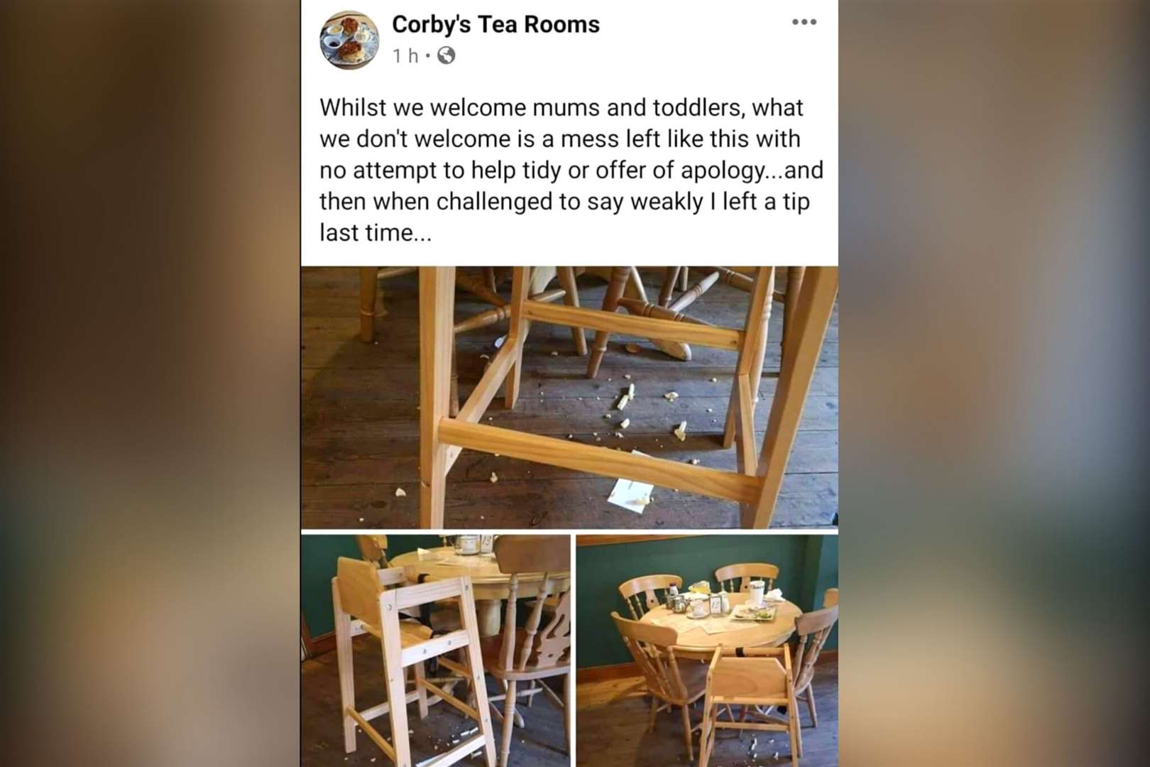 A post was shared by Corby's Tea Room on Facebook criticising mess left behind by a young mum
