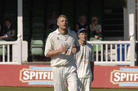 Andrew Flintoff bowling at the St Lawrence Ground, Canterbury, during a charity game