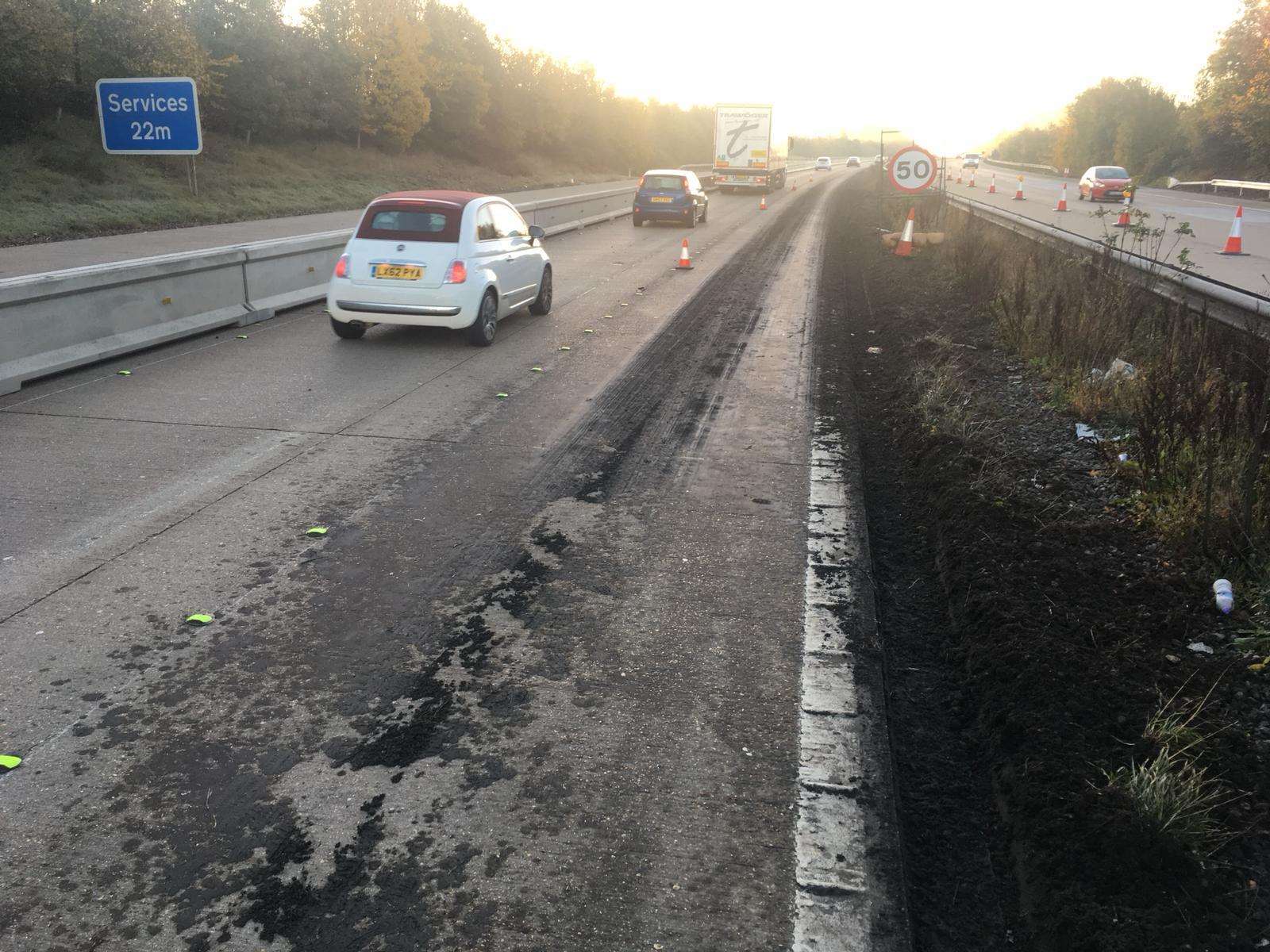 Mud on the road on the M20. Picture: Highways England (5165567)