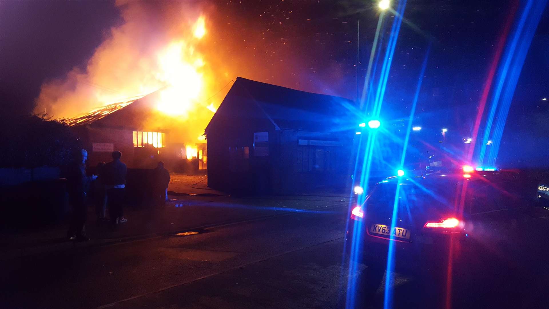 Teynham joinery workshop FJ Williams at the height of the blaze. Picture: Olly Gibson