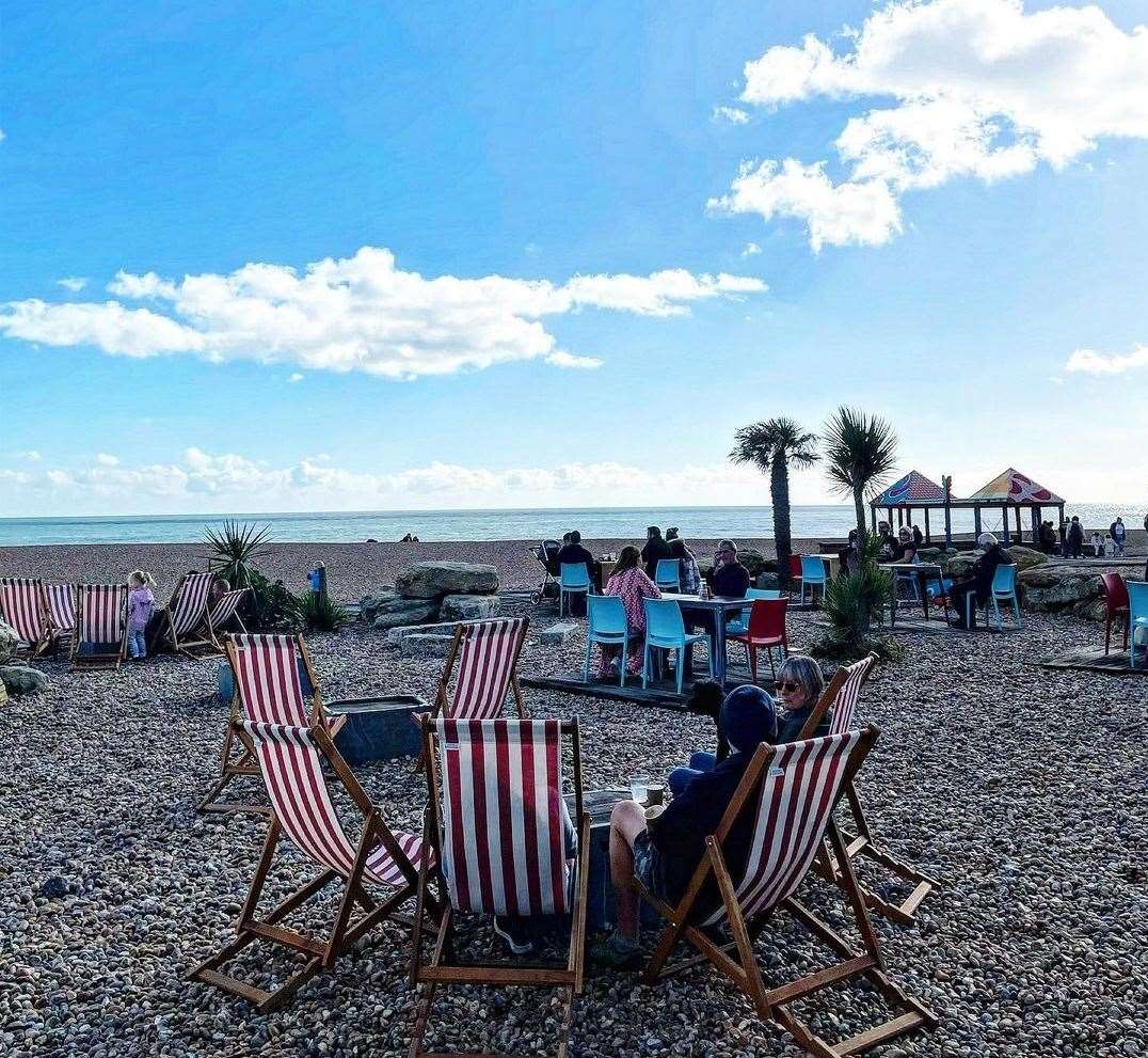Rosie Percy soaking up the October sunshine at the Pilot Beach Bar. Pic: Instagram/@coolasfolke