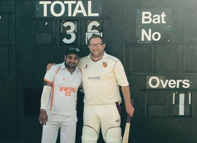 Paul Belsey, pictured right in 2016, after he took six sixes in one over from Blackheath Wanderers bowler Mayank Patel, left