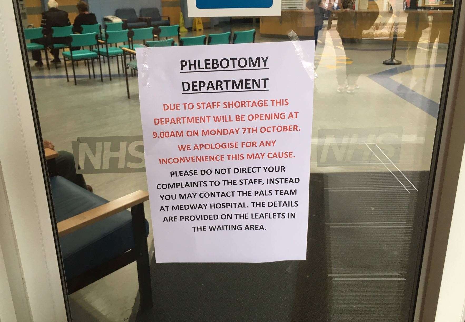 A notice was put up in the window at Sheppey Community Hospital to warn patients about staff shortages at the beginning of October