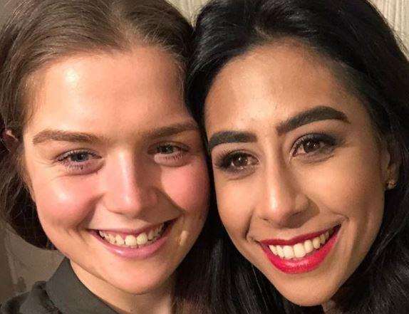 Emily Hayward, left, and Aisha Hasan celebrating their engagement