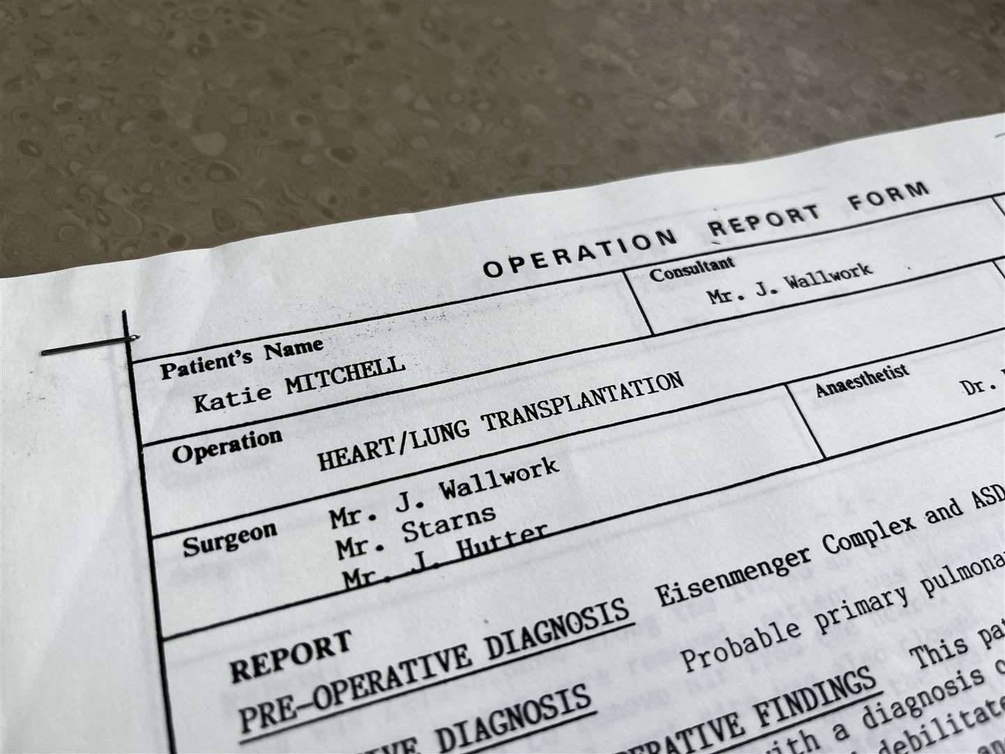 Katie's operation report form, in 1987
