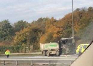 The burnt out truck on the coastbound M2 near Rochester and Chatham