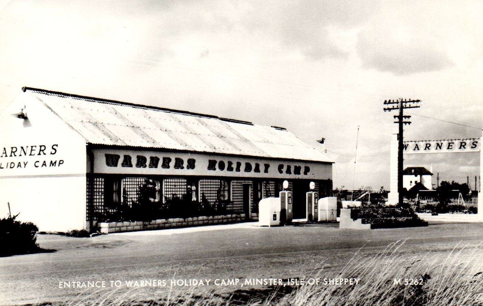 Entrance to Warners holiday camp at Minster, Sheppey, complete with petrol pumps. Postcard in the Matthew and Hazel Bodiam Collection